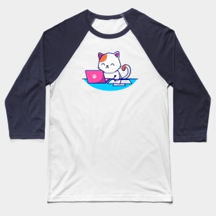 Cute Cat Working Laptop And Writing On Paper Baseball T-Shirt